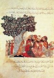 Yahyâ ibn Mahmûd al-Wâsitî was a 13th-century Arab Islamic artist. Al-Wasiti was born in Wasit in southern Iraq. He was noted for his illustrations of the Maqam of al-Hariri.<br/><br/>

Maqāma (literally 'assemblies') are an (originally) Arabic literary genre of rhymed prose with intervals of poetry in which rhetorical extravagance is conspicuous. The 10th century author Badī' al-Zaman al-Hamadhāni is said to have invented the form, which was extended by al-Hariri of Basra in the next century. Both authors' maqāmāt center on trickster figures whose wanderings and exploits in speaking to assemblies of the powerful are conveyed by a narrator.<br/><br/>

Manuscripts of al-Harīrī's Maqāmāt, anecdotes of a roguish wanderer Abu Zayd from Saruj, were frequently illustrated with miniatures.
